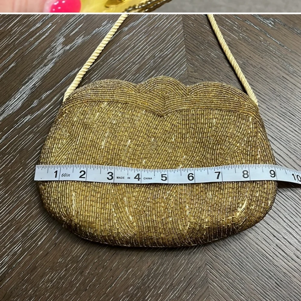Vintage 70's-80's gold seed bead clutchevening bag magnetic closure satin cord